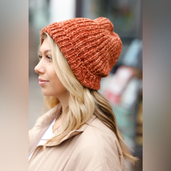 Rust Knit Velvet Chenille Fold Over Beanie - Picture 6 of 10